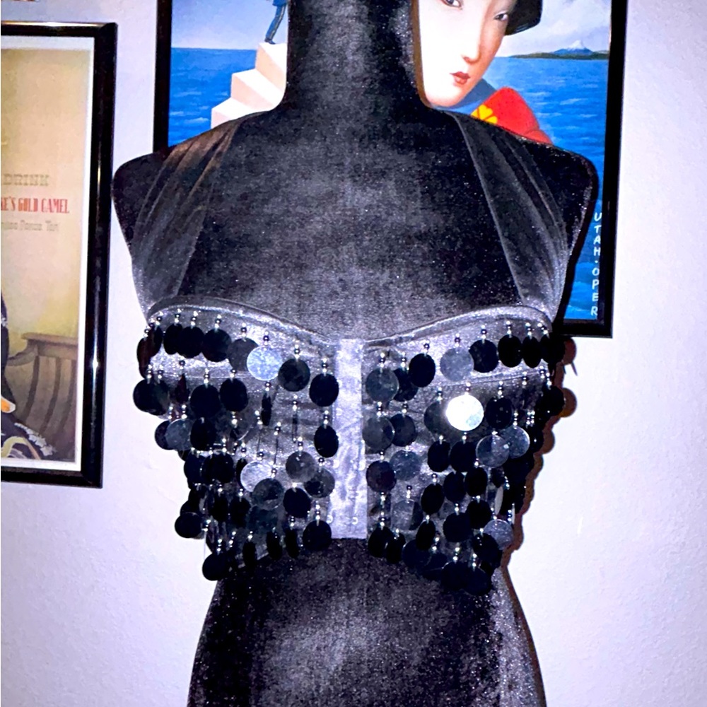 Vintage 90’s - Black Bustier Halter Top w/ sequins detail - Women’s Size Small
